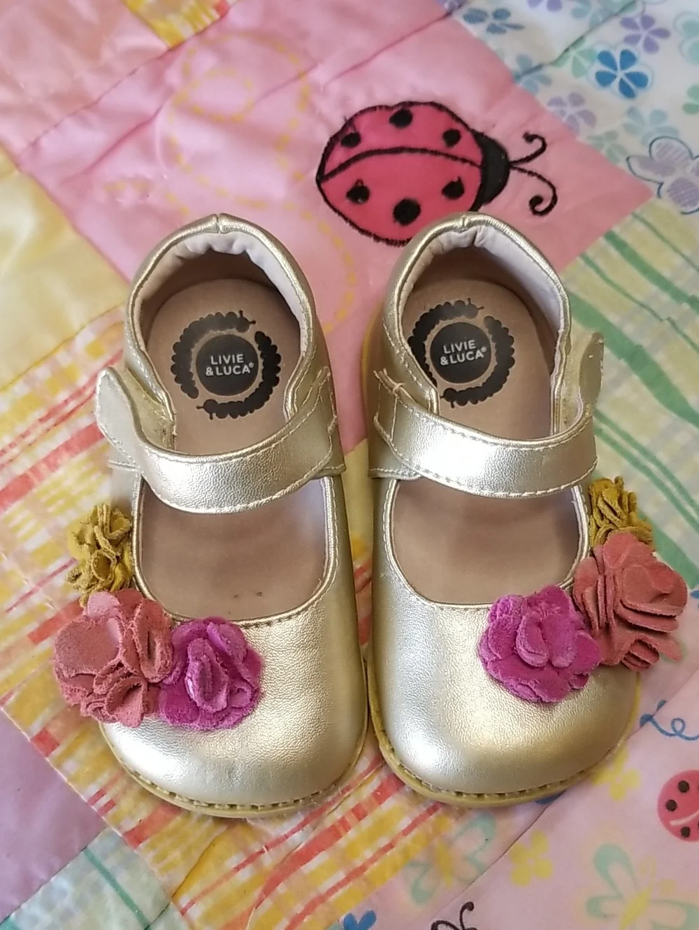 Livie & Luca Metallic Gold Leather Mary Janes w/Pink & Mustard Suede Flowers 6